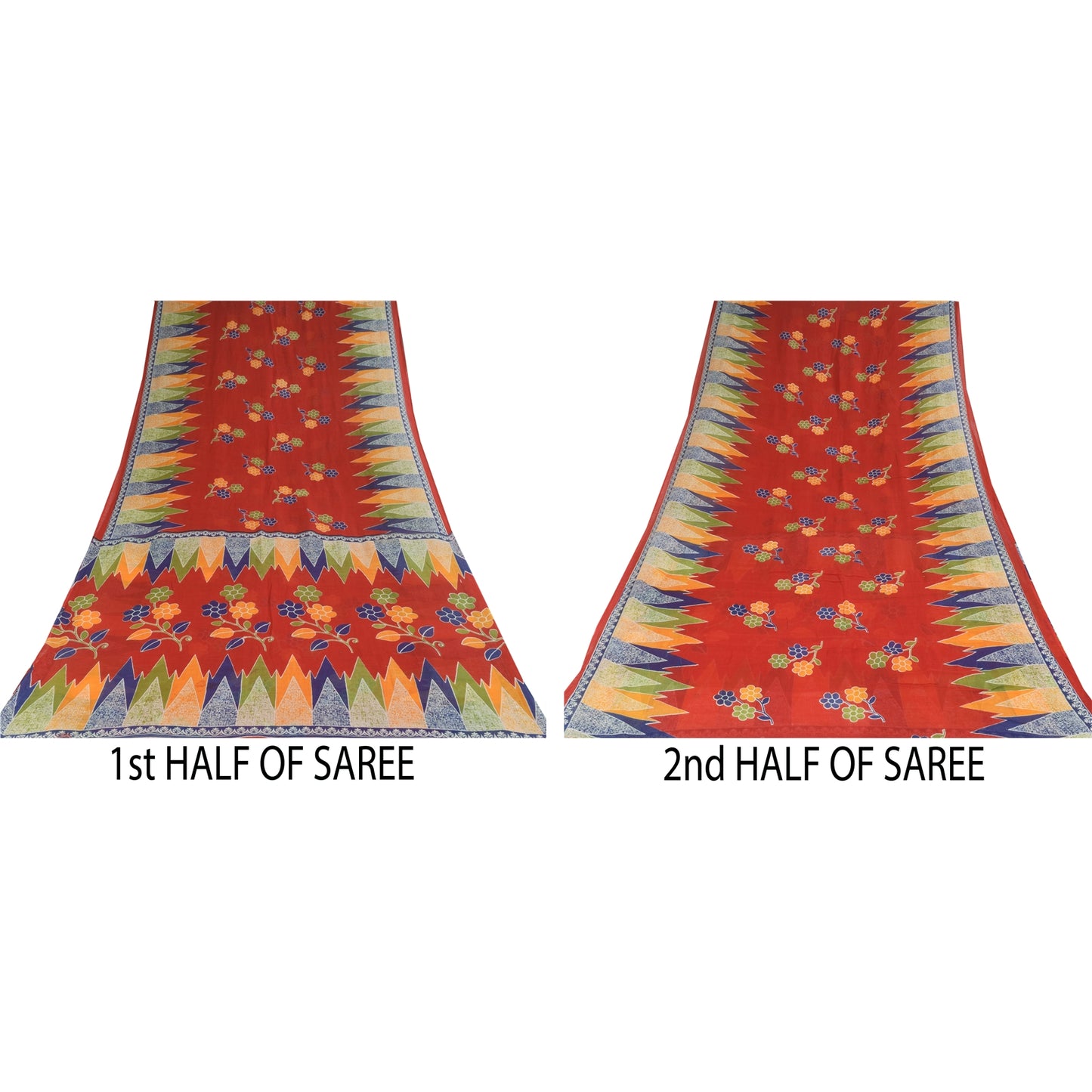 Sanskriti Vintage Sarees Indian Red Pure Cotton Printed Sari 5+yd Craft Sustainable Fabric