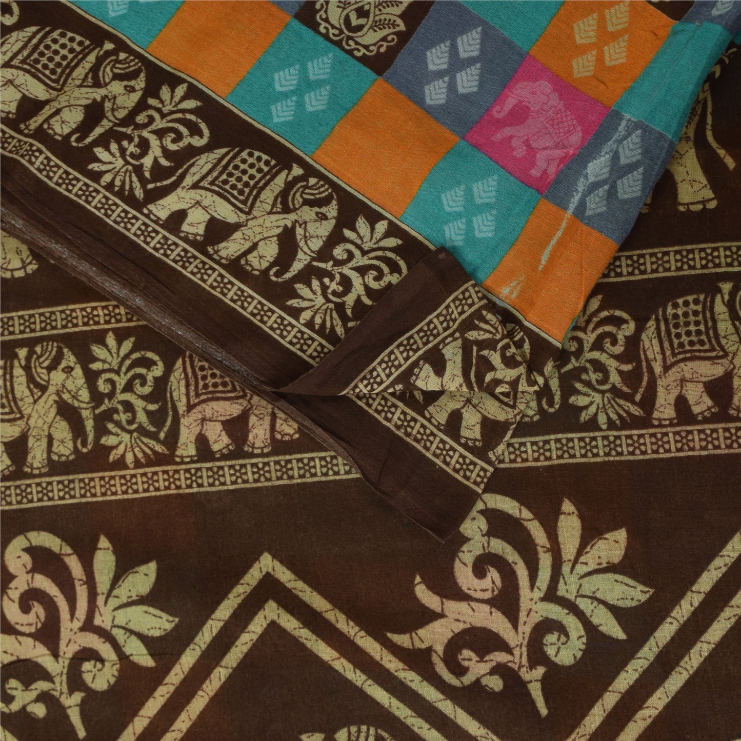 Sanskriti Vintage Sarier i flerfarvet ren bomuld med elefantprint, 5+ yards håndværksmæssigt bæredygtigt stof