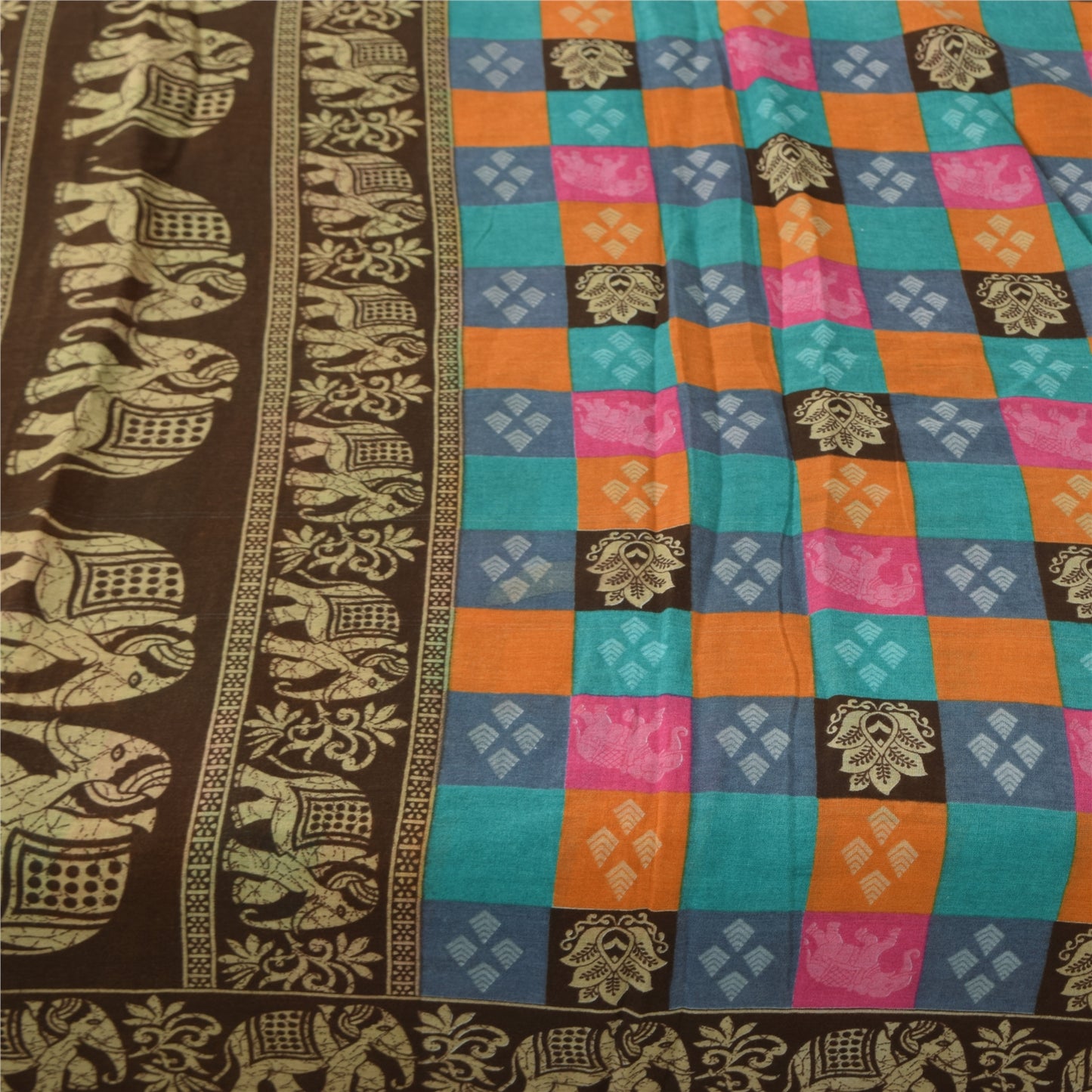 Sanskriti Vintage Sarier i flerfarvet ren bomuld med elefantprint, 5+ yards håndværksmæssigt bæredygtigt stof