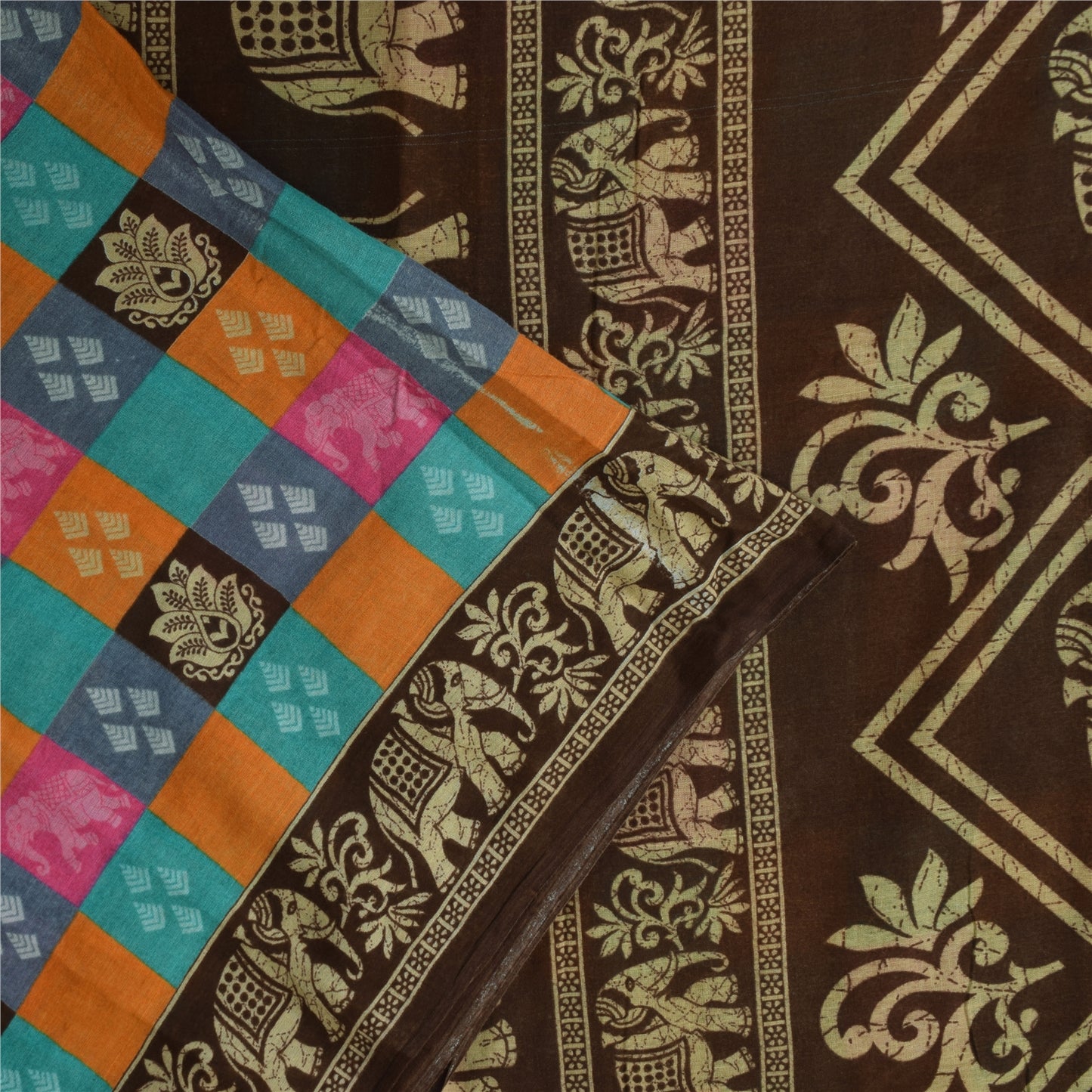 Sanskriti Vintage Sarier i flerfarvet ren bomuld med elefantprint, 5+ yards håndværksmæssigt bæredygtigt stof