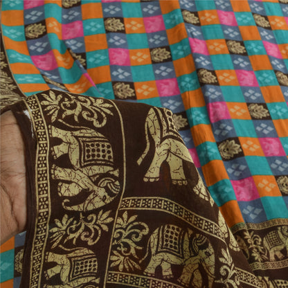 Sanskriti Vintage Sarier i flerfarvet ren bomuld med elefantprint, 5+ yards håndværksmæssigt bæredygtigt stof