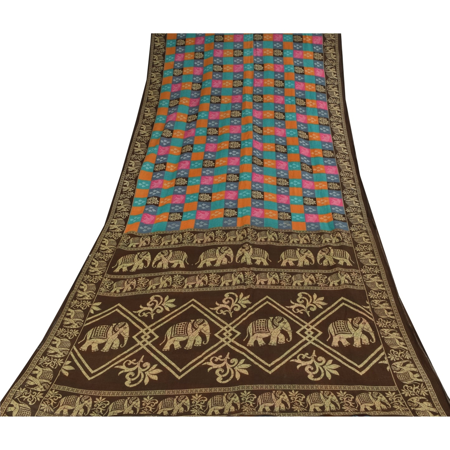 Sanskriti Vintage Sarier i flerfarvet ren bomuld med elefantprint, 5+ yards håndværksmæssigt bæredygtigt stof