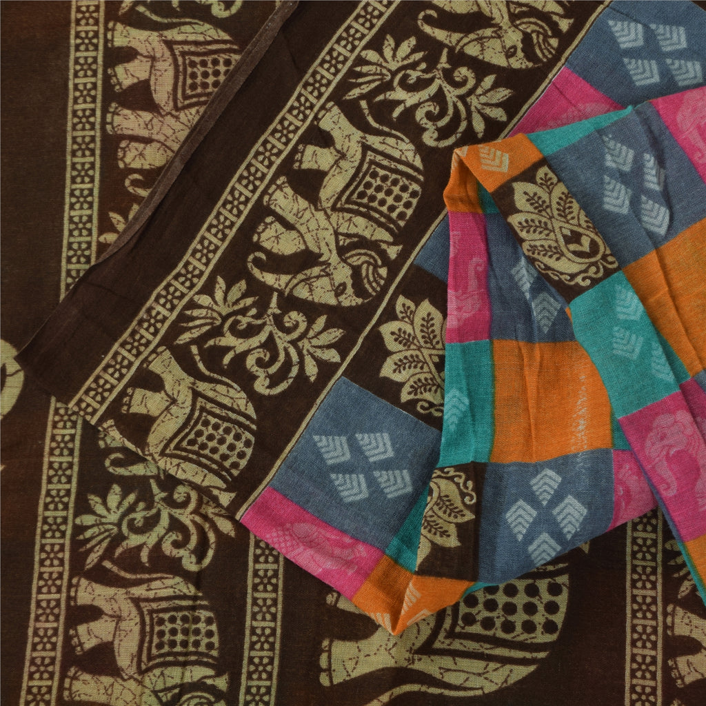 Sanskriti Vintage Sarier i flerfarvet ren bomuld med elefantprint, 5+ yards håndværksmæssigt bæredygtigt stof