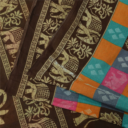 Sanskriti Vintage Sarier i flerfarvet ren bomuld med elefantprint, 5+ yards håndværksmæssigt bæredygtigt stof