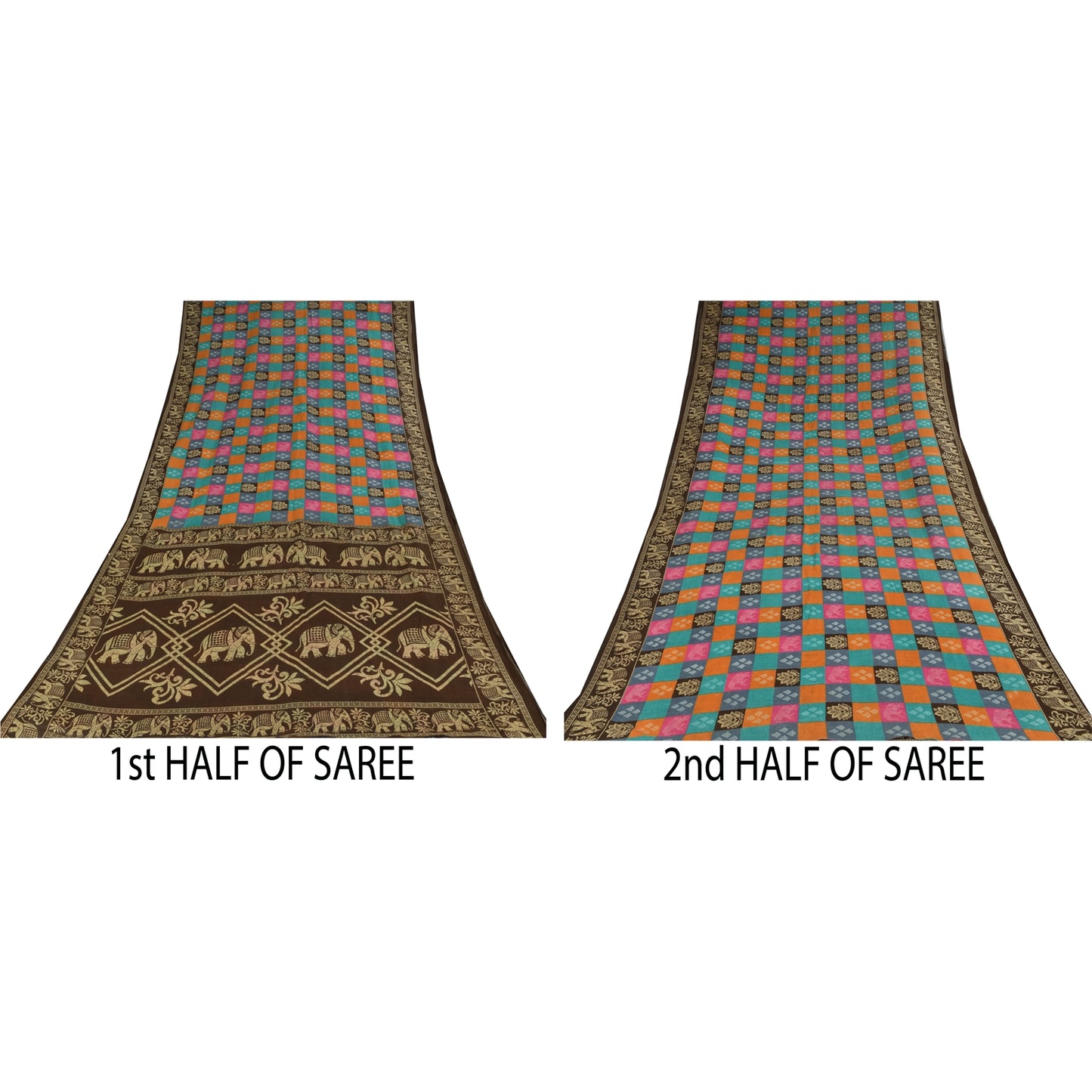 Sanskriti Vintage Sarier i flerfarvet ren bomuld med elefantprint, 5+ yards håndværksmæssigt bæredygtigt stof