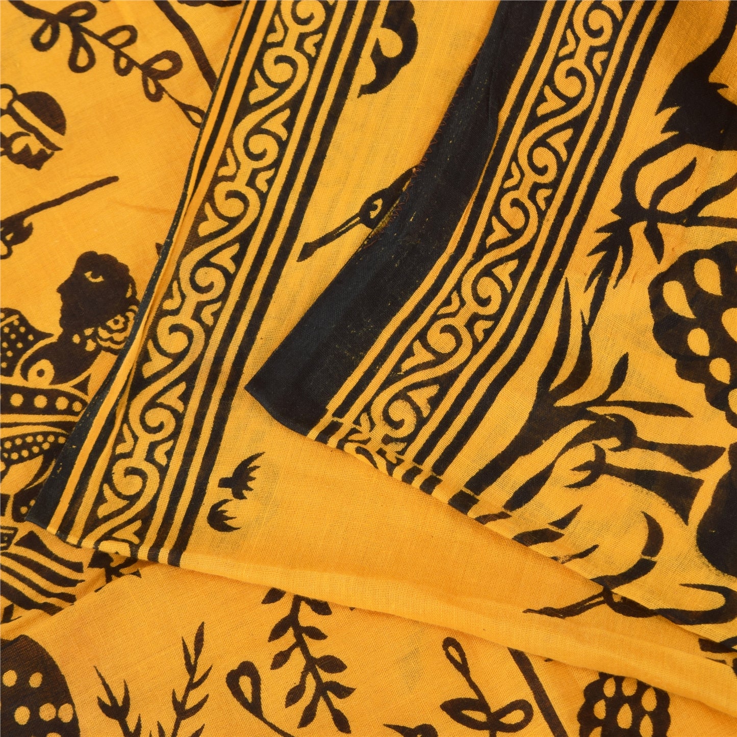 Sanskriti Vintage Sarees Yellow Peacock Print Pure Cotton Sari 5+yd Craft Sustainable Fabric