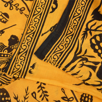 Sanskriti Vintage Sarees Yellow Peacock Print Pure Cotton Sari 5+yd Craft Sustainable Fabric