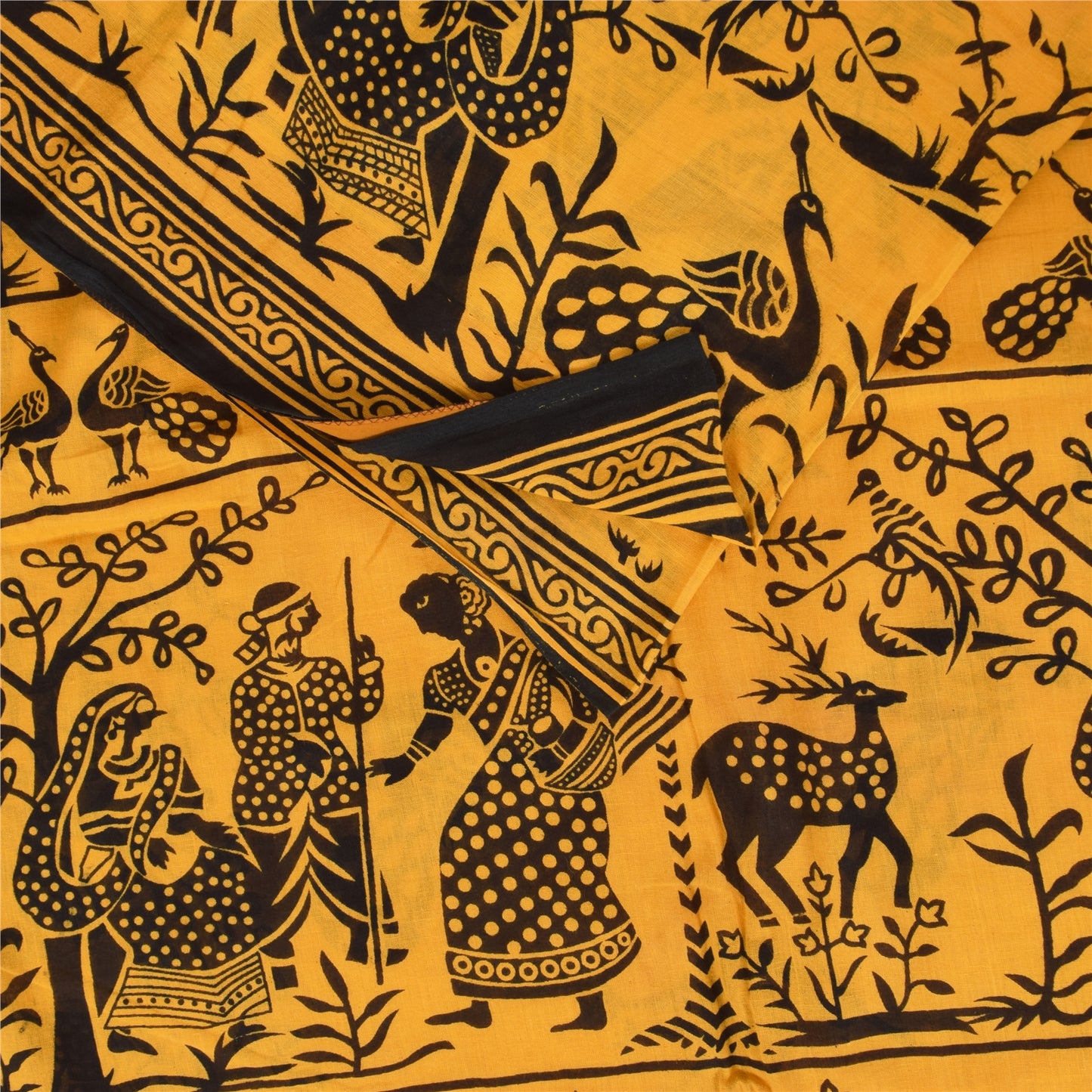 Sanskriti Vintage Sarees Yellow Peacock Print Pure Cotton Sari 5+yd Craft Sustainable Fabric