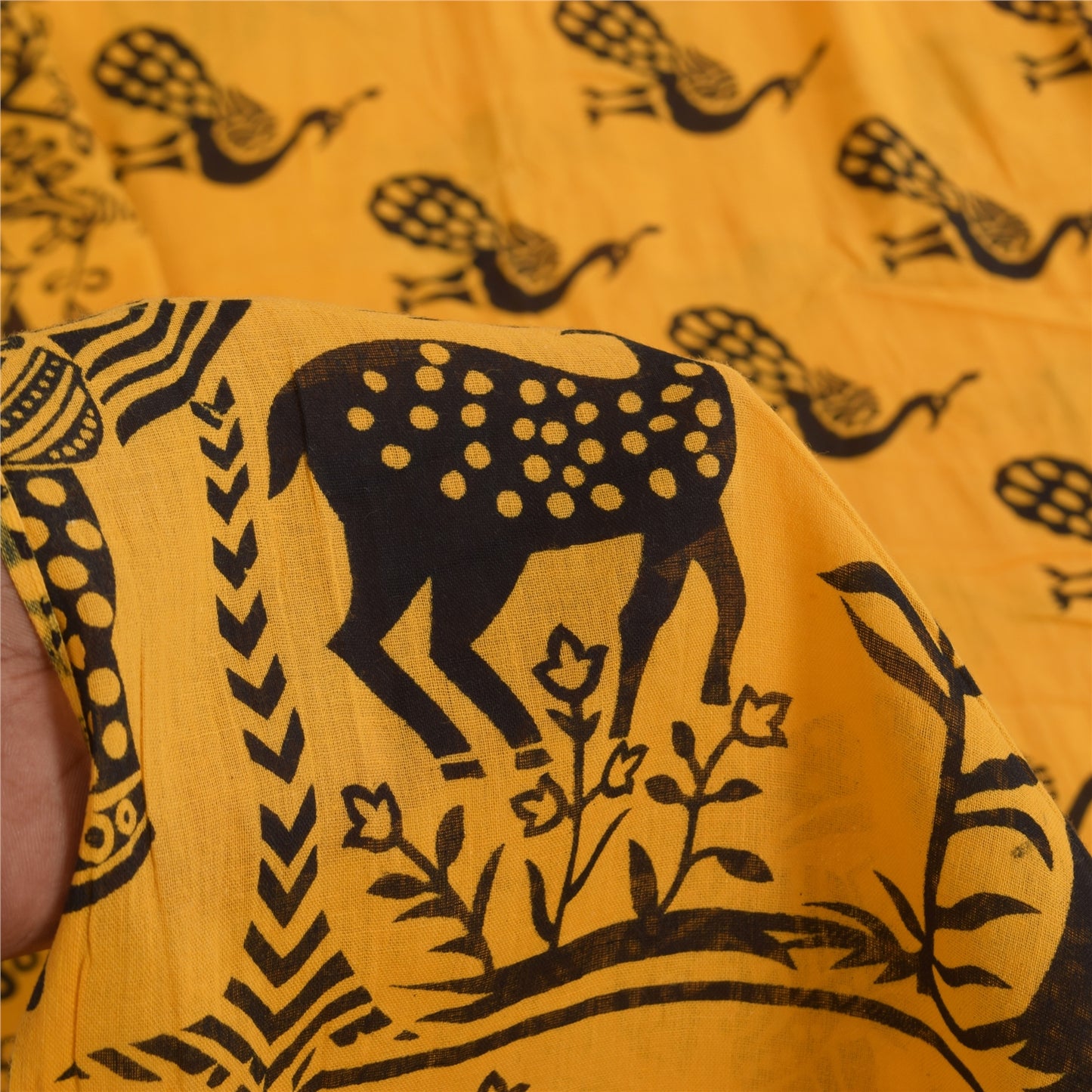 Sanskriti Vintage Sarees Yellow Peacock Print Pure Cotton Sari 5+yd Craft Sustainable Fabric