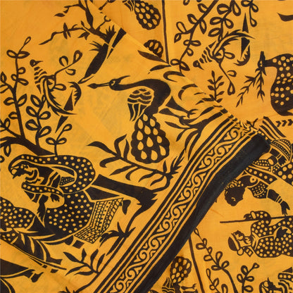Sanskriti Vintage Sarees Yellow Peacock Print Pure Cotton Sari 5+yd Craft Sustainable Fabric