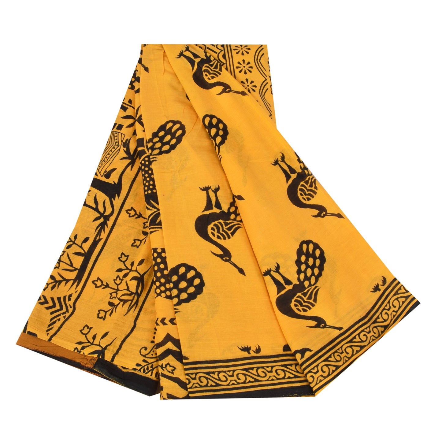 Sanskriti Vintage Sarees Yellow Peacock Print Pure Cotton Sari 5+yd Craft Sustainable Fabric