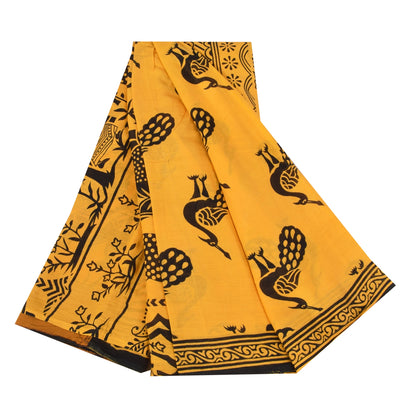 Sanskriti Vintage Sarees Yellow Peacock Print Pure Cotton Sari 5+yd Craft Sustainable Fabric