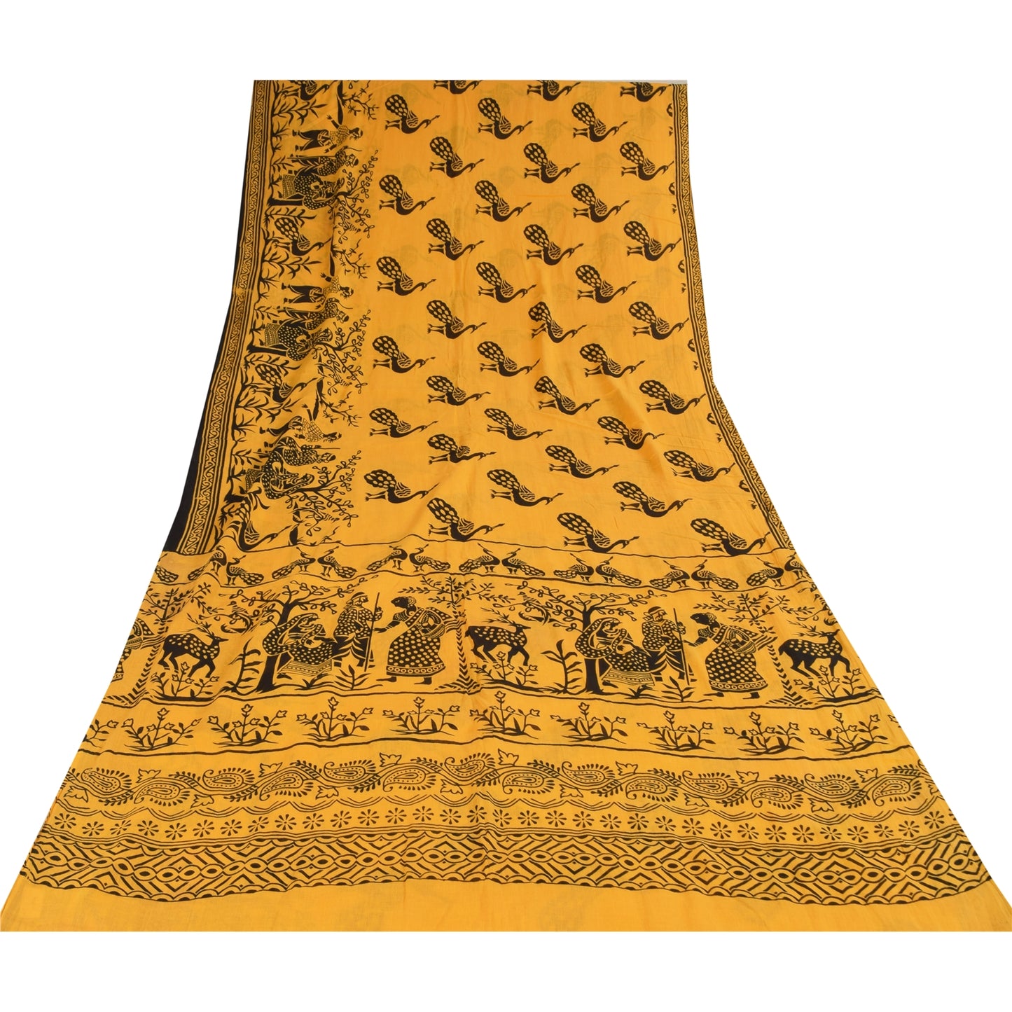 Sanskriti Vintage Sarees Yellow Peacock Print Pure Cotton Sari 5+yd Craft Sustainable Fabric