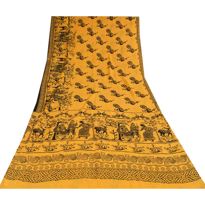 Sanskriti Vintage Sarees Yellow Peacock Print Pure Cotton Sari 5+yd Craft Sustainable Fabric