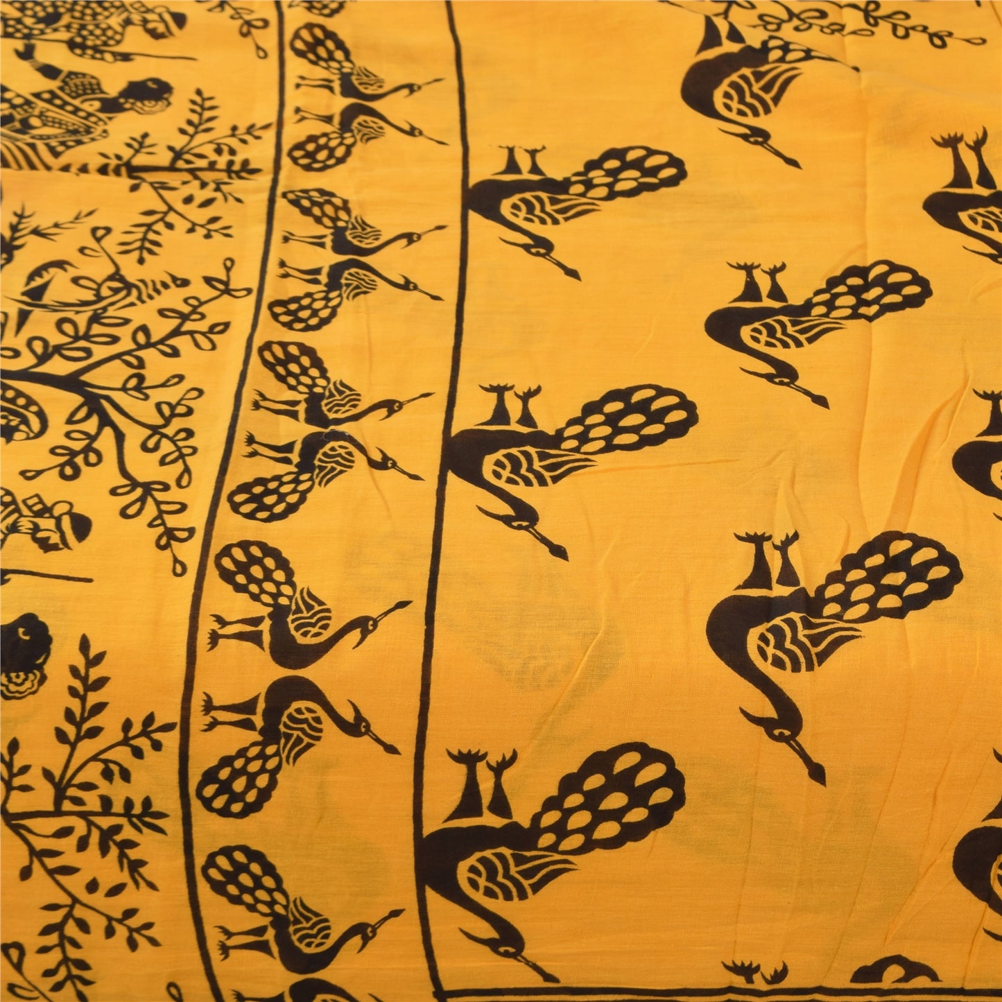 Sanskriti Vintage Sarees Yellow Peacock Print Pure Cotton Sari 5+yd Craft Sustainable Fabric