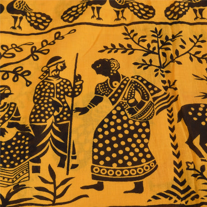 Sanskriti Vintage Sarees Yellow Peacock Print Pure Cotton Sari 5+yd Craft Sustainable Fabric