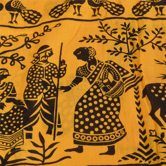 Сари Sanskriti Vintage Sarees Yellow Peacock Print Sari из чистого хлопка 5+ ярдов Craft Sustainable Fabric