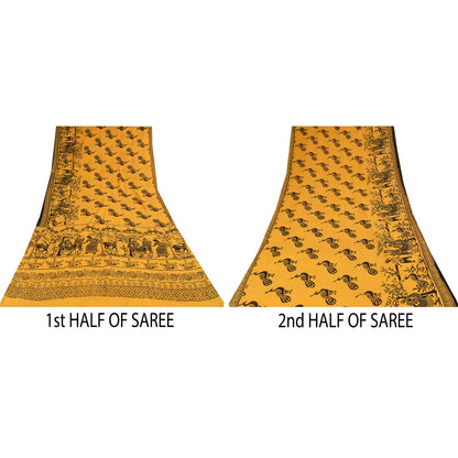Sanskriti Vintage Sarees Yellow Peacock Print Pure Cotton Sari 5+yd Craft Sustainable Fabric