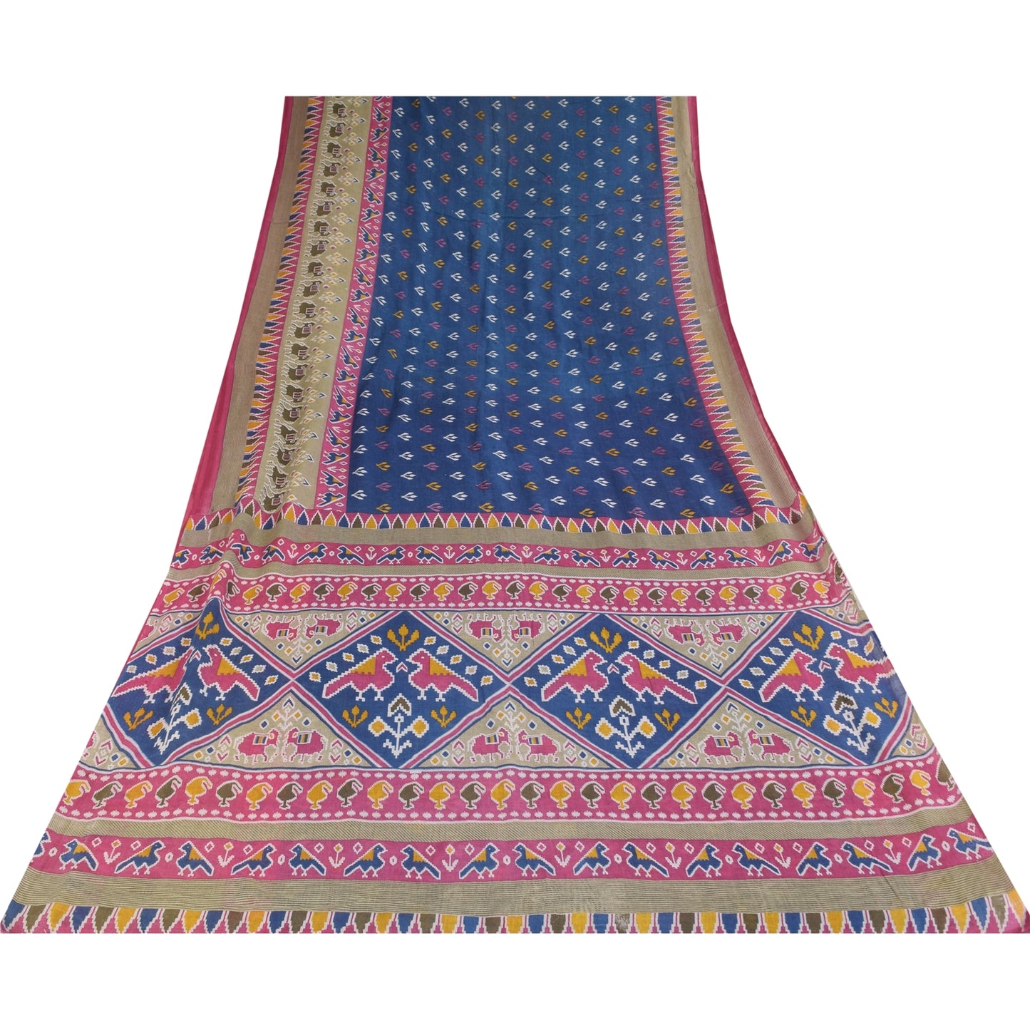 Санскритские винтажные сари синие Патан Патола напечатанное сари из чистого хлопка 5+ ярдов устойчивая ткань