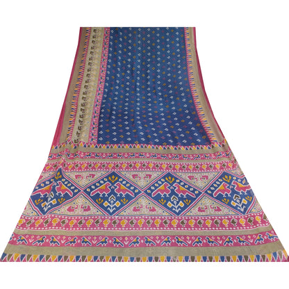 Санскритские винтажные сари синие Патан Патола напечатанное сари из чистого хлопка 5+ ярдов устойчивая ткань