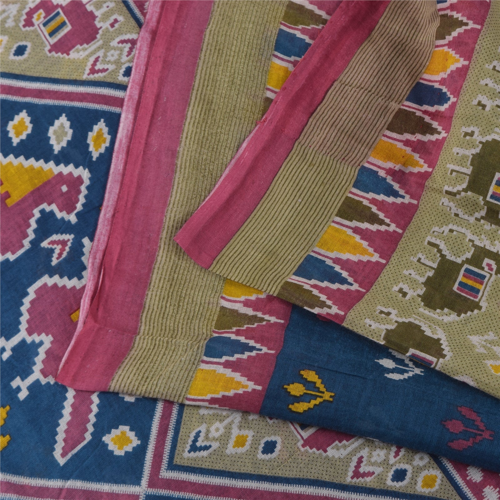 Sanskriti Vintage Sarees Blue Patan Patola Printed Pure Cotton Sari 5+yd Sustainable Fabric