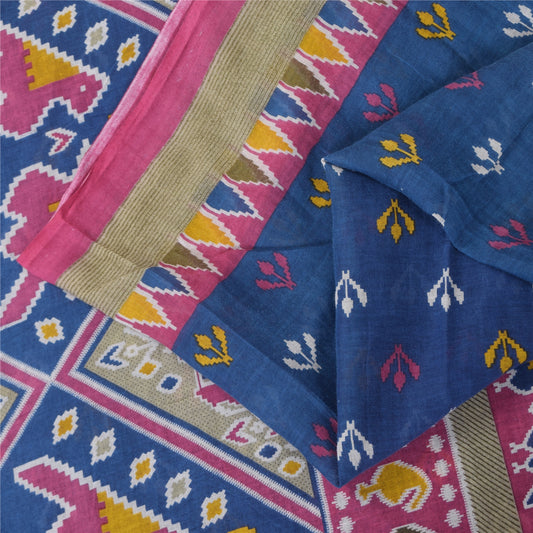 Sanskriti Vintage Sarees Blue Patan Patola Printed Pure Cotton Sari 5+yd Sustainable Fabric
