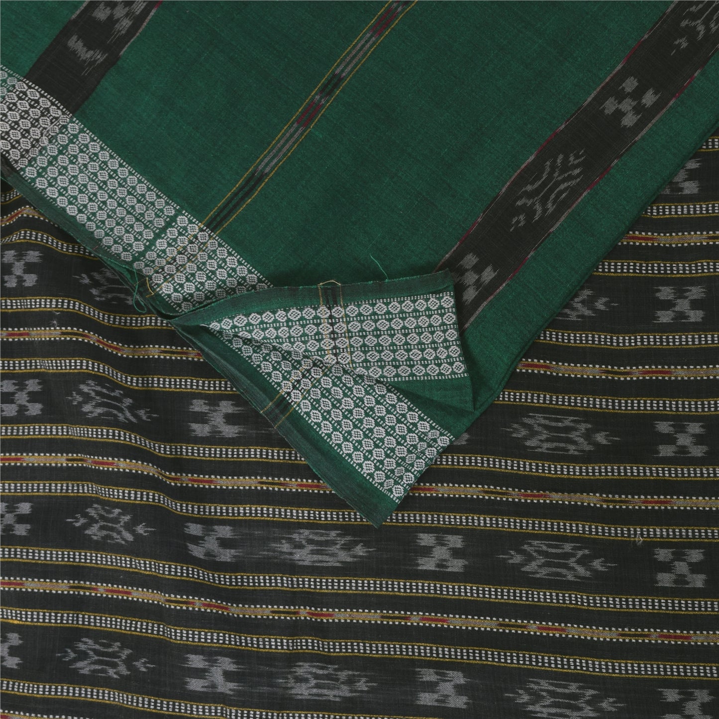 Sanskriti Vintage Sarees GreenIkat Handwoven Odisha Pure Cotton Sari 5+yd Sustainable Fabric