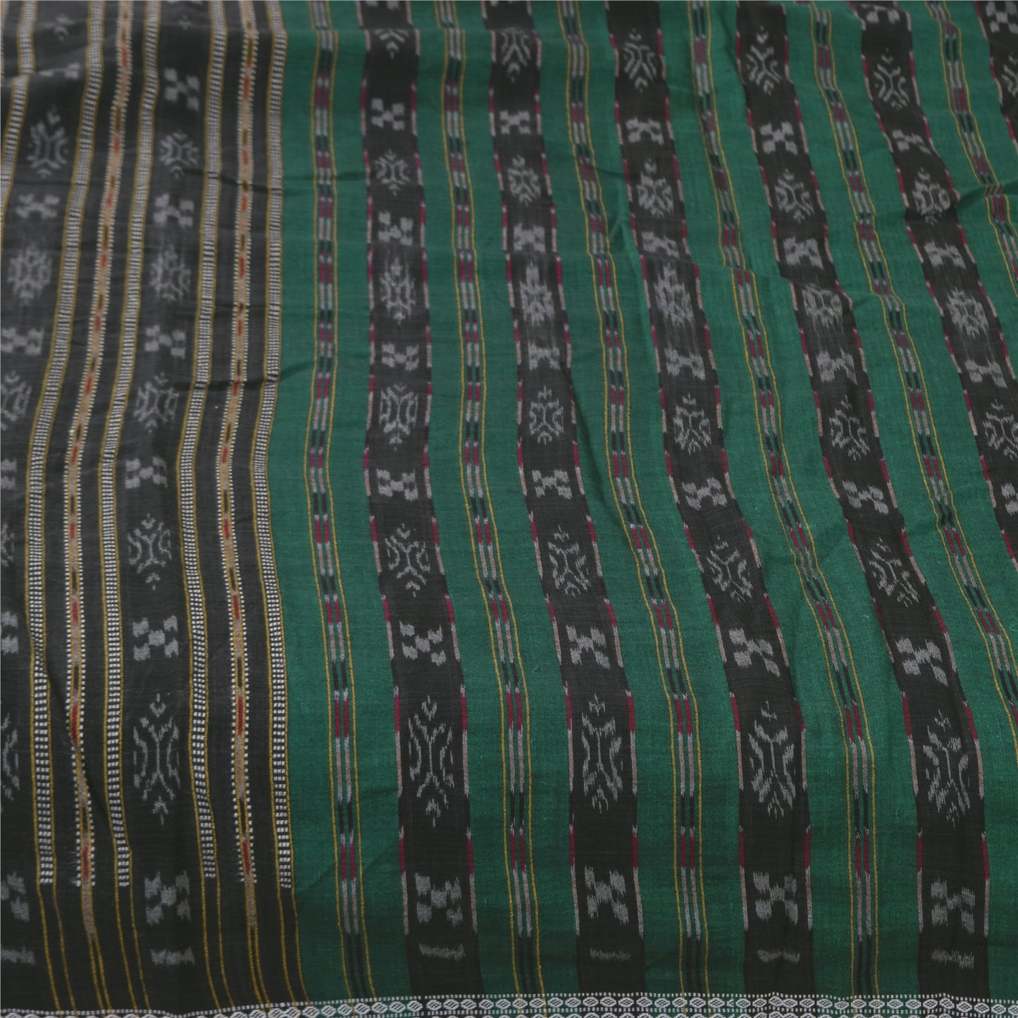 Sanskriti Vintage Sarees GreenIkat Handwoven Odisha Pure Cotton Sari 5+yd Sustainable Fabric