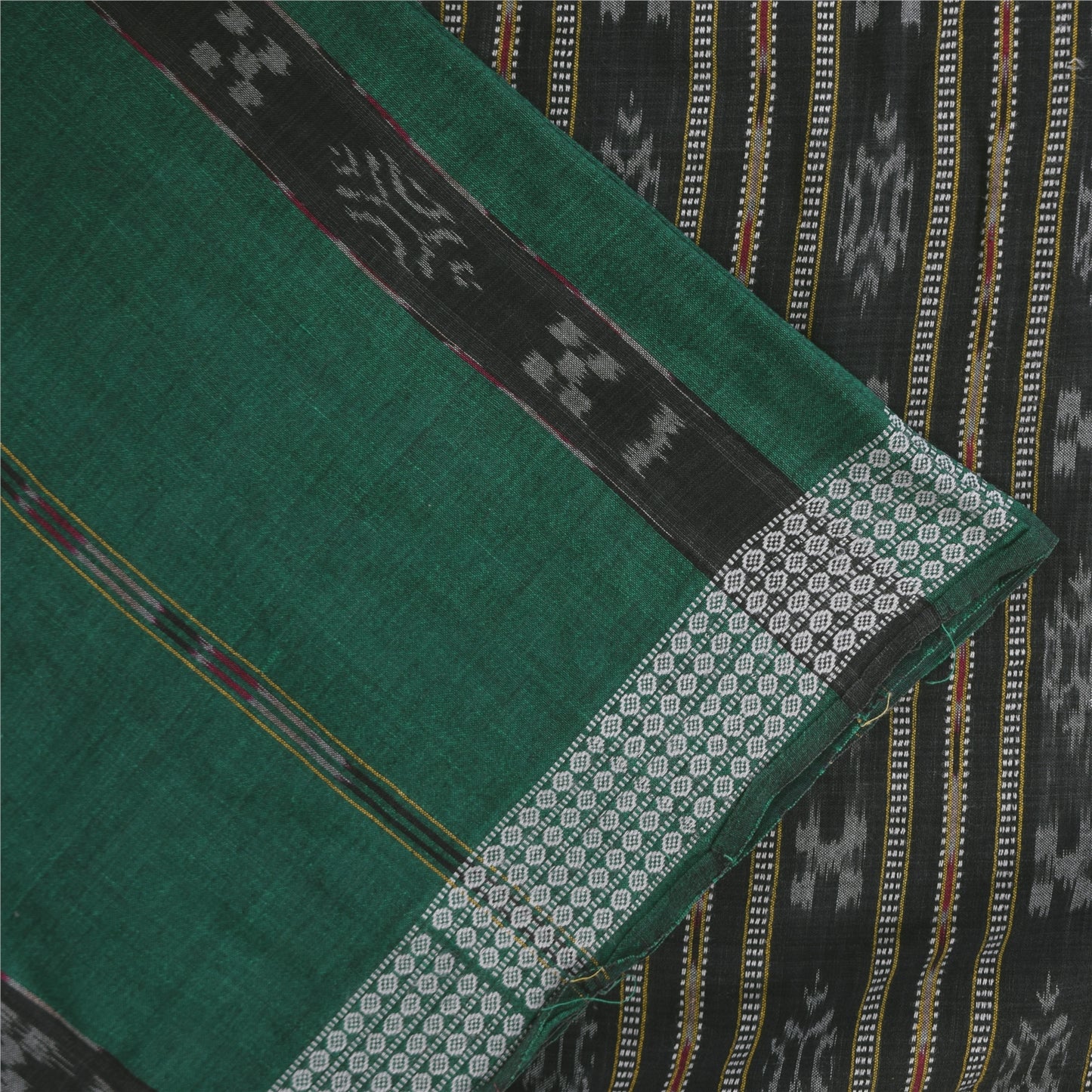 Sanskriti Vintage Sarees GreenIkat Handwoven Odisha Pure Cotton Sari 5+yd Sustainable Fabric