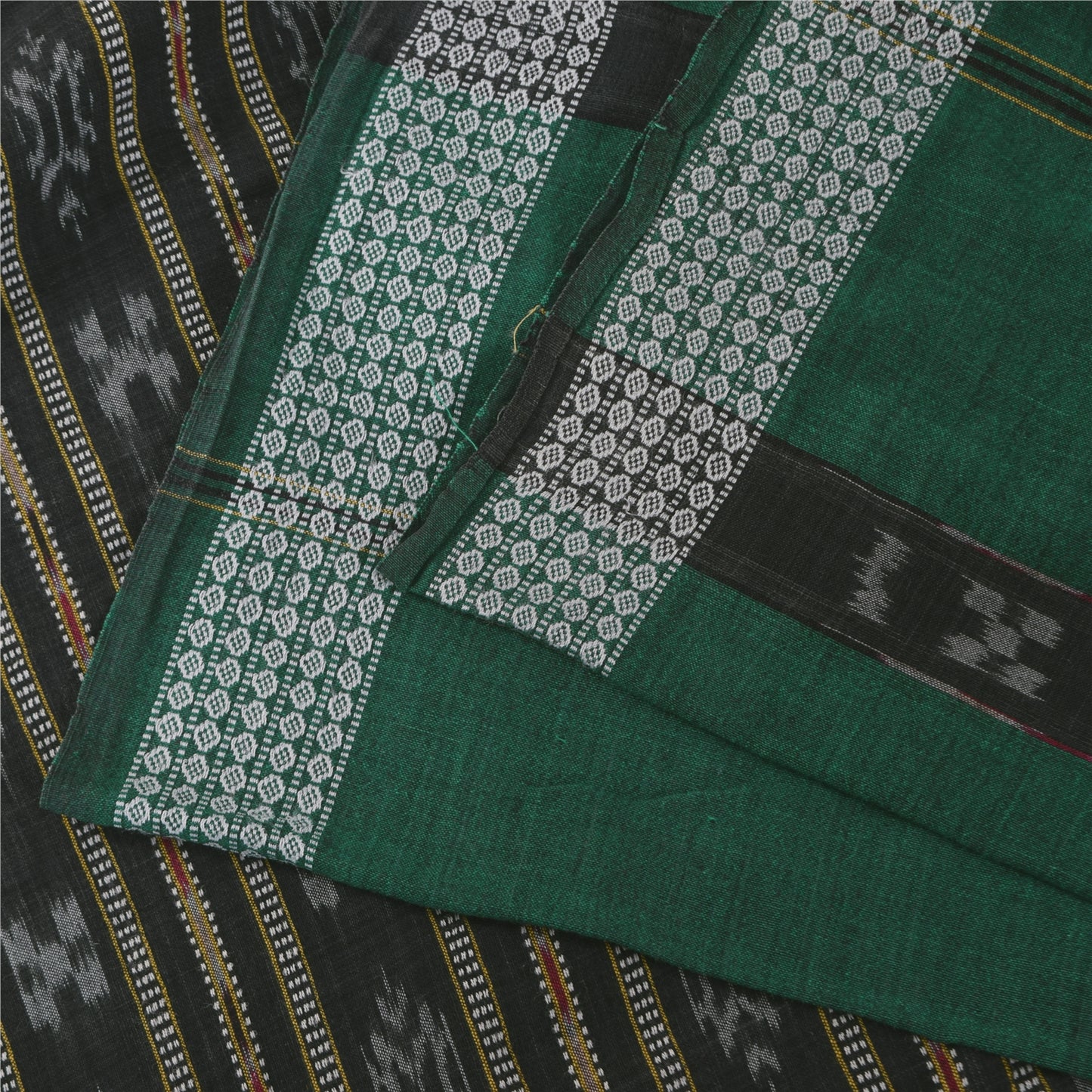 Sanskriti Vintage Sarees GreenIkat Handwoven Odisha Pure Cotton Sari 5+yd Sustainable Fabric