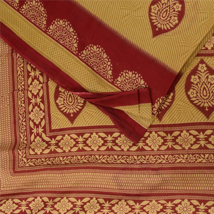 Sanskriti Vintage Sarees Pale Yellow/Red 100% Pure Cotton Print Sari 5+yd Sustainable Fabric