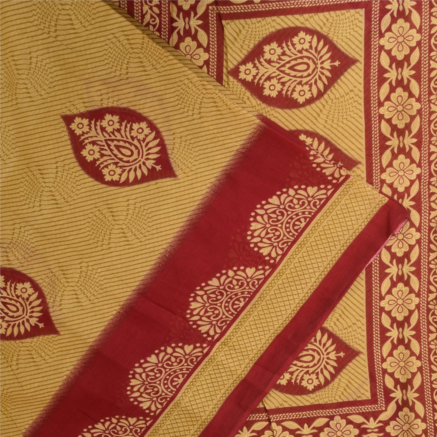 Sanskriti Vintage Sarees Pale Yellow/Red 100% Pure Cotton Print Sari 5+yd Sustainable Fabric