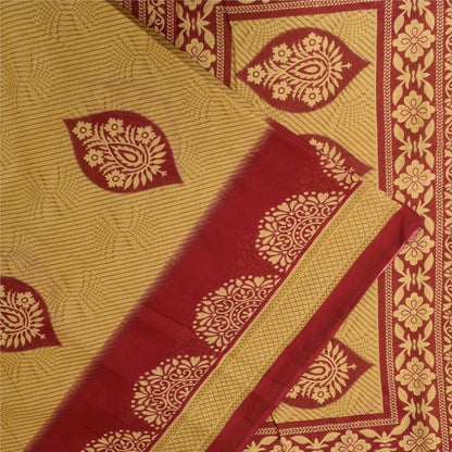 Sanskriti Vintage Sarees Pale Yellow/Red 100% Pure Cotton Print Sari 5+yd Sustainable Fabric