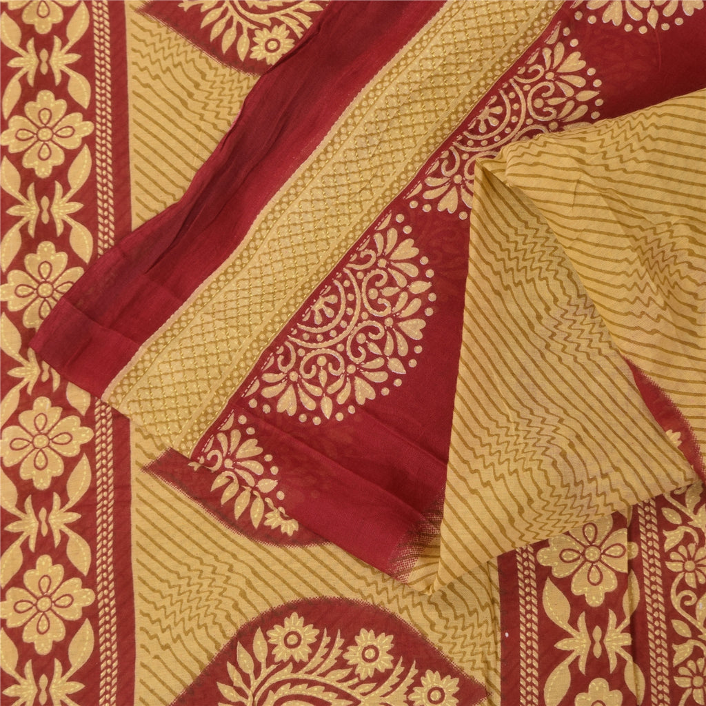 Sanskriti Vintage Sarees Pale Yellow/Red 100% Pure Cotton Print Sari 5+yd Sustainable Fabric