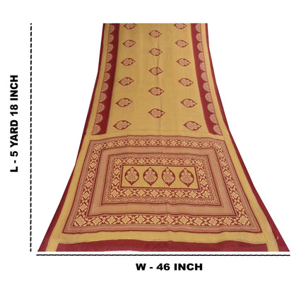 Sanskriti Vintage Sarees Pale Yellow/Red 100% Pure Cotton Print Sari 5+yd Sustainable Fabric