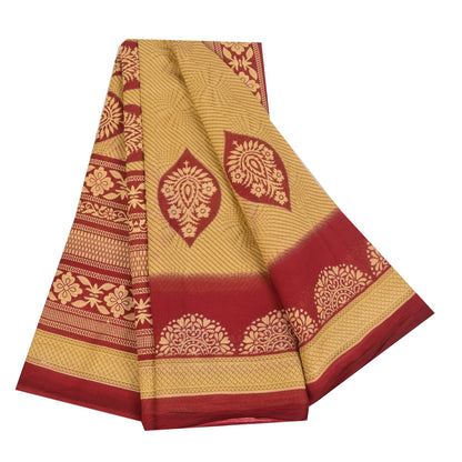 Sanskriti Vintage Sarees Pale Yellow/Red 100% Pure Cotton Print Sari 5+yd Sustainable Fabric