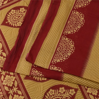 Sanskriti Vintage Sarees Pale Yellow/Red 100% Pure Cotton Print Sari 5+yd Sustainable Fabric