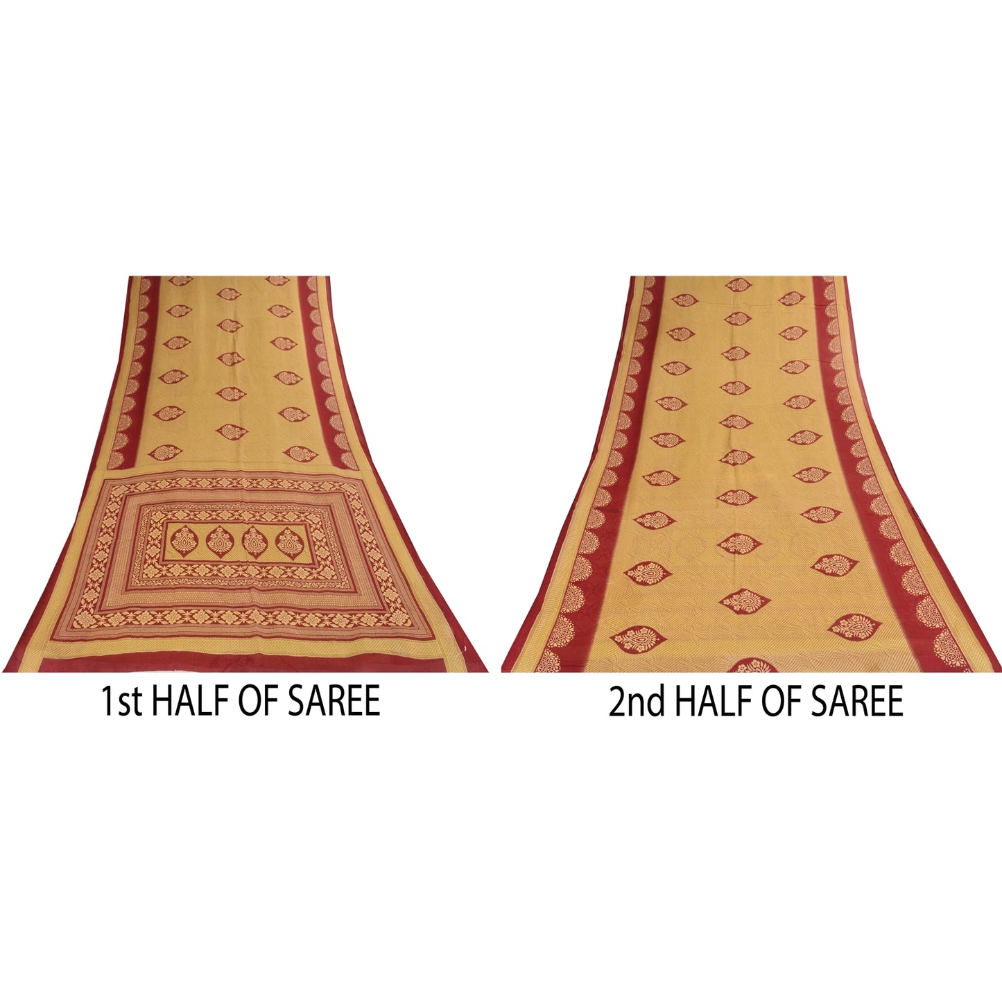 Sanskriti Vintage Sarees Pale Yellow/Red 100% Pure Cotton Print Sari 5+yd Sustainable Fabric