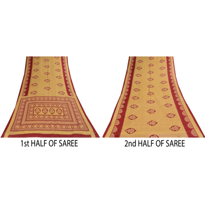 Sanskriti Vintage Sarees Pale Yellow/Red 100% Pure Cotton Print Sari 5+yd Sustainable Fabric