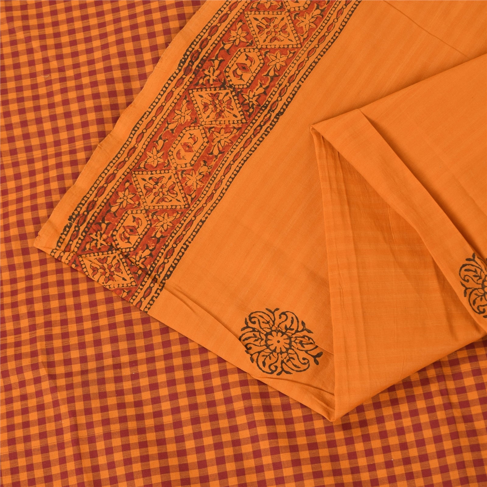 Sanskriti Vintage Sarees Saffron Hand Block Print Woven Pure Cotton Sari Sustainable Fabric