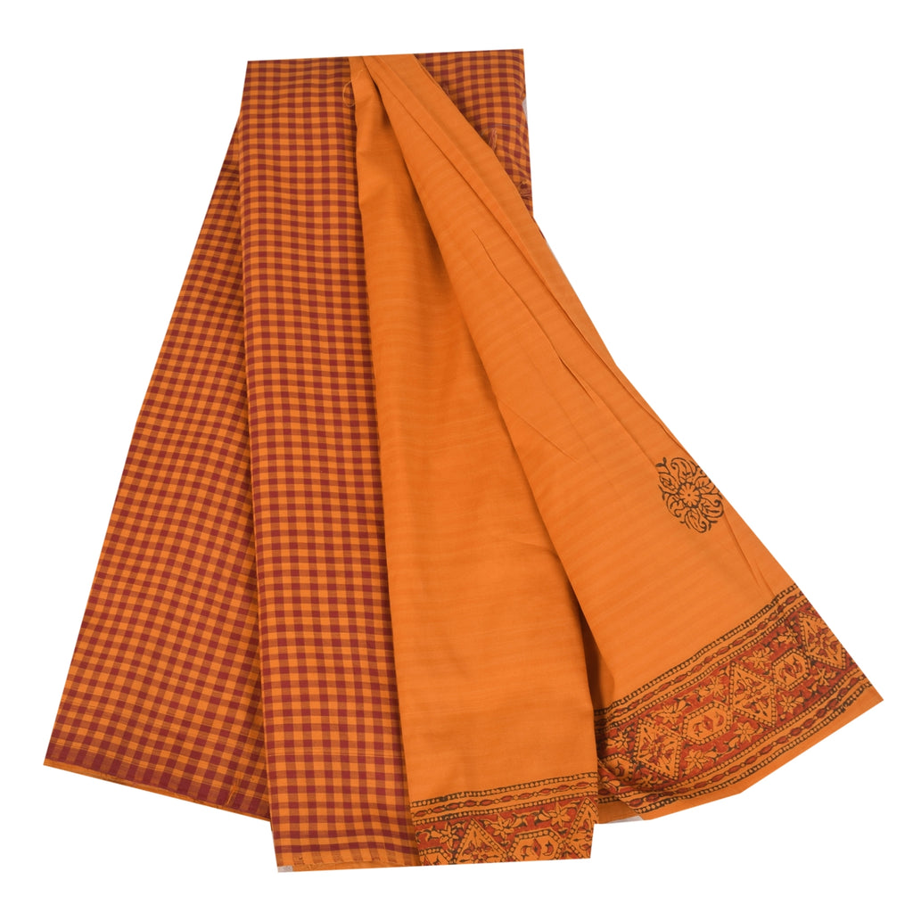 Sanskriti Vintage Sarees Saffron Hand Block Print Woven Pure Cotton Sari Sustainable Fabric