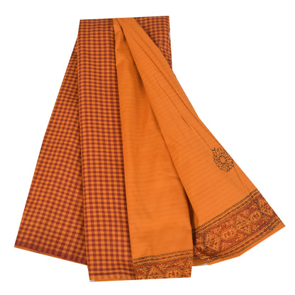 Sanskriti Vintage Sarees Saffron Hand Block Print Woven Pure Cotton Sari Sustainable Fabric