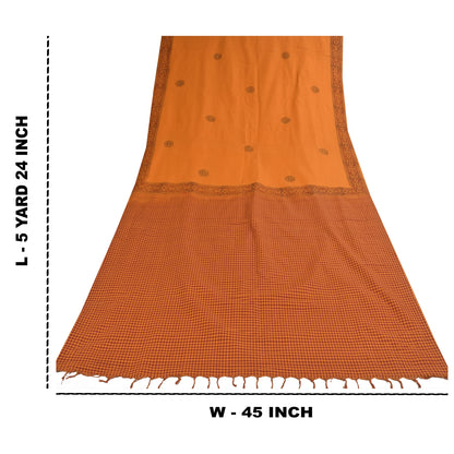 Sanskriti Vintage Sarees Saffron Hand Block Print Woven Pure Cotton Sari Sustainable Fabric