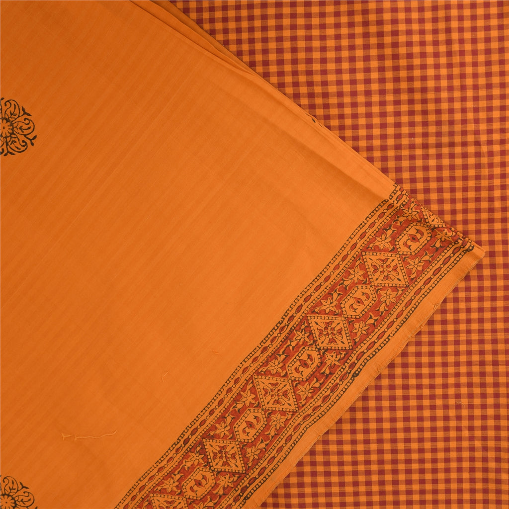 Sanskriti Vintage Sarees Saffron Hand Block Print Woven Pure Cotton Sari Sustainable Fabric