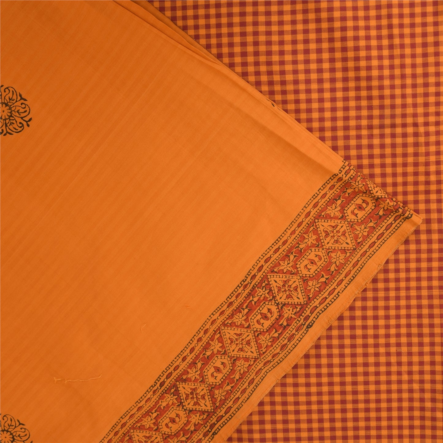 Sanskriti Vintage Sarees Saffron Hand Block Print Woven Pure Cotton Sari Sustainable Fabric