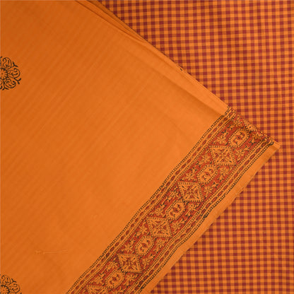 Sanskriti Vintage Sarees Saffron Hand Block Print Woven Pure Cotton Sari Sustainable Fabric