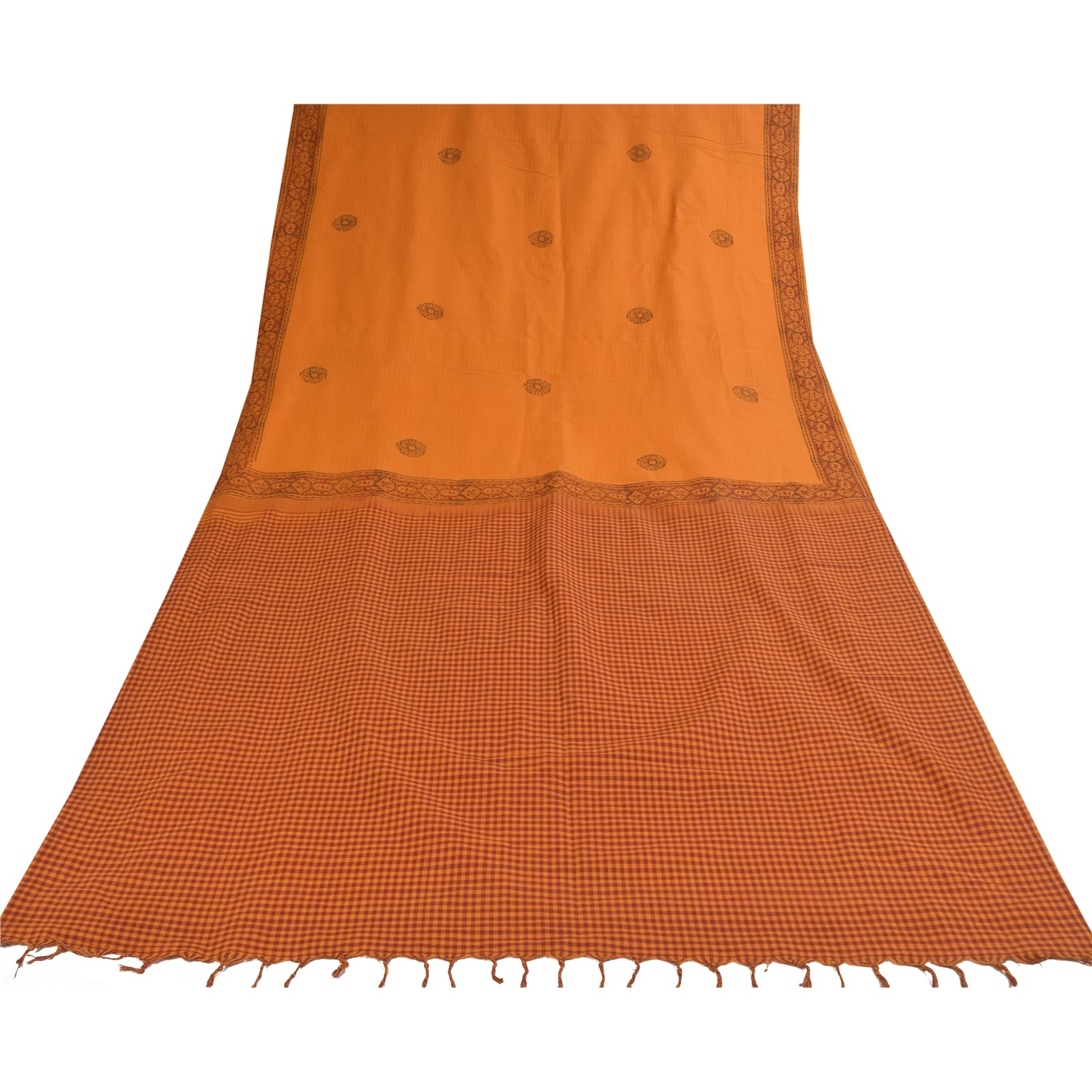 Sanskriti Vintage Sarees Saffron Hand Block Print Woven Pure Cotton Sari Sustainable Fabric