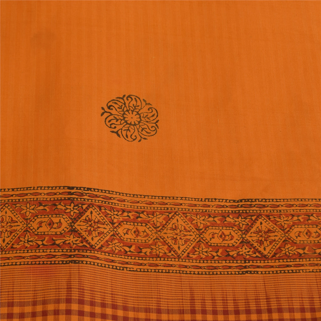 Sanskriti Vintage Sarees Saffron Hand Block Print Woven Pure Cotton Sari Sustainable Fabric