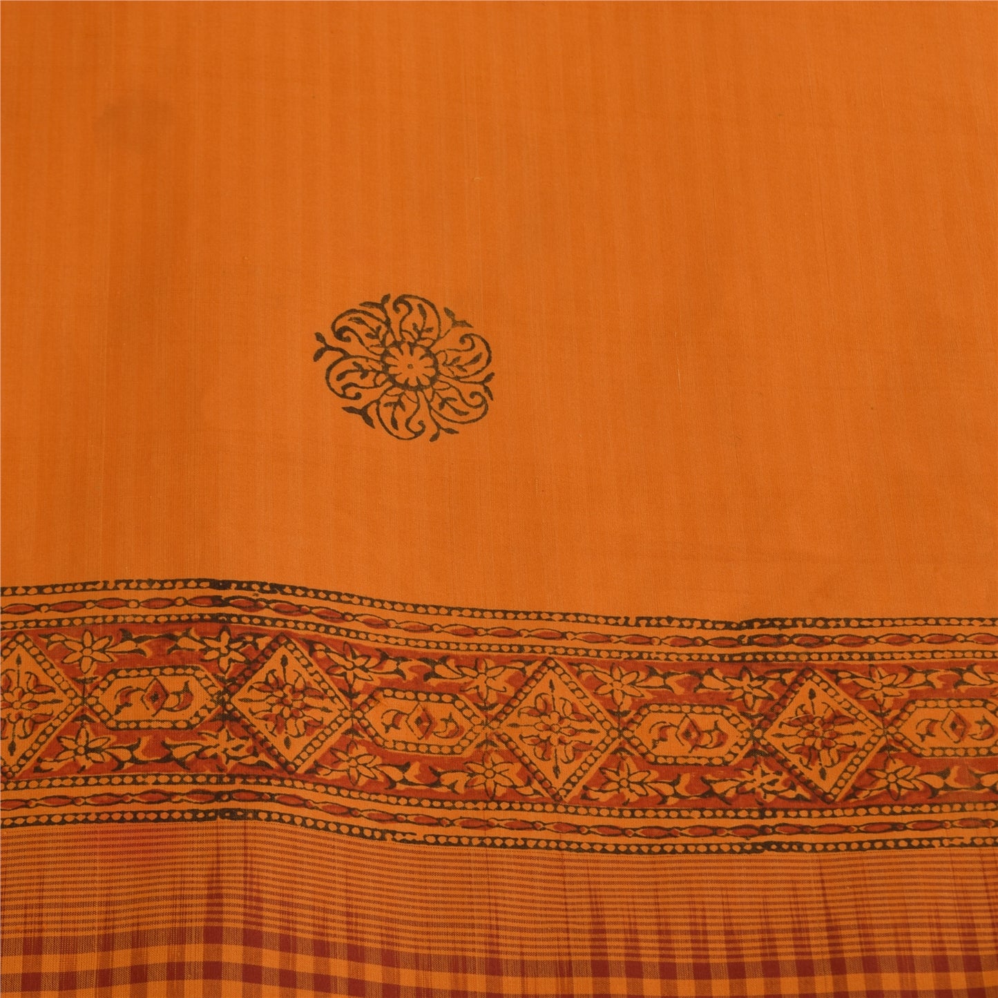 Sanskriti Vintage Sarees Saffron Hand Block Print Woven Pure Cotton Sari Sustainable Fabric