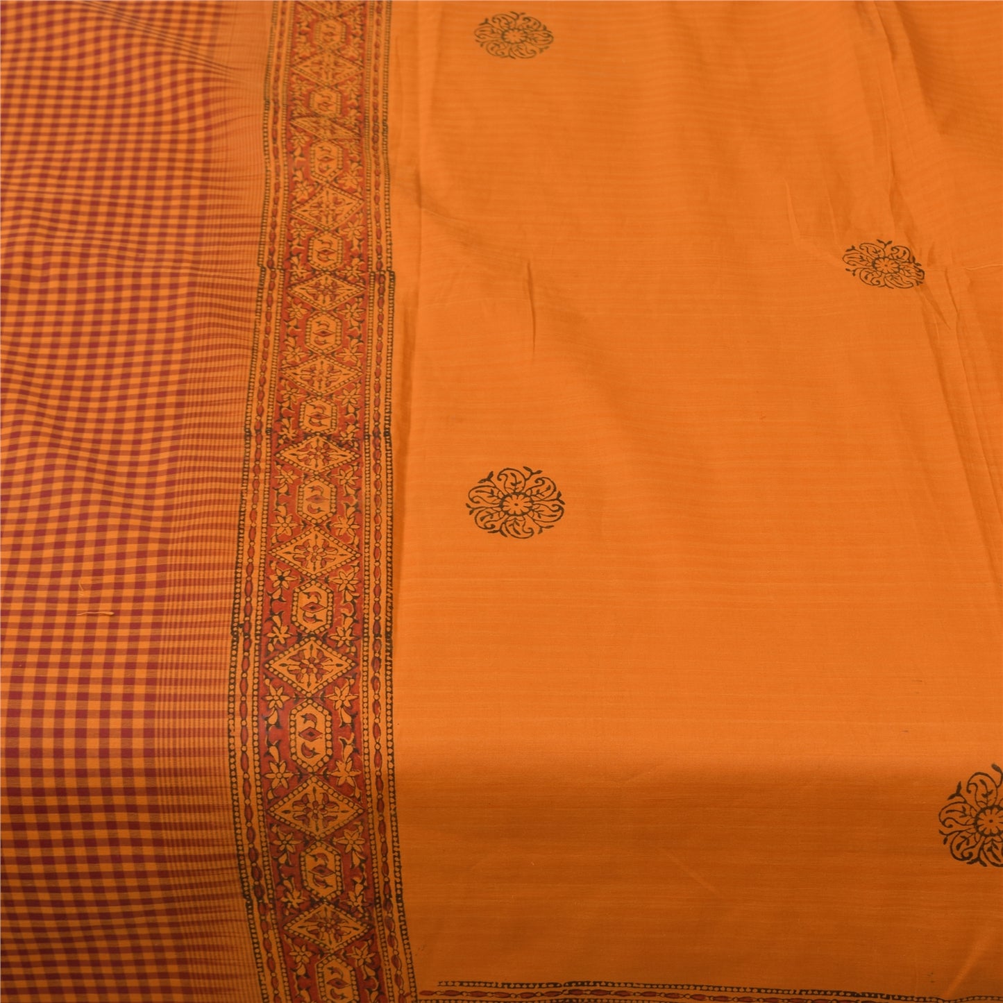 Sanskriti Vintage Sarees Saffron Hand Block Print Woven Pure Cotton Sari Sustainable Fabric